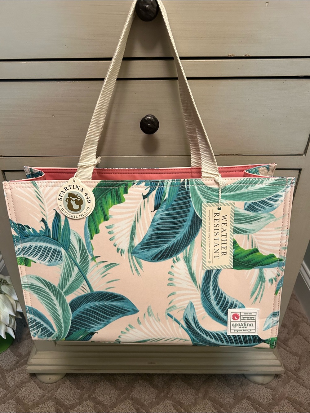 Spartina: Tropical Leaf Print Tote Bag in Pink and Teal